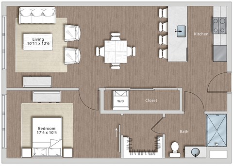 Floor plan of a living room with a bedroom and a kitchen  at Sono Central Residential, Norwalk, CT, 06854